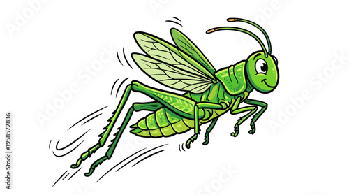 Green cartoon grasshopper in a dynamic jumping pose