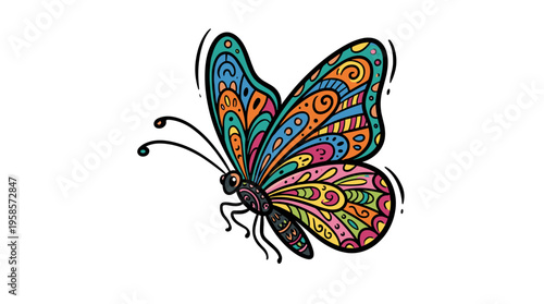 Colorful stylized butterfly with intricate patterns, single subject