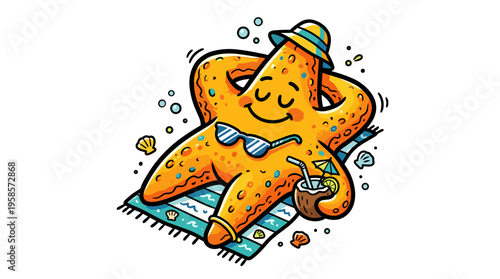 Cartoon starfish relaxing on beach towel with coconut drink