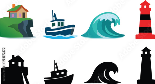 Vector set of landmarks and monuments featuring a sailing yacht and cruise ship silhouette on a summer ocean travel illustration