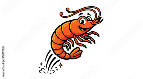 Happy cartoon shrimp leaping with joy and sparkles