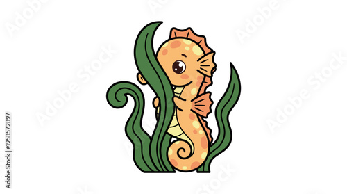 Cute cartoon seahorse peeking from behind green seaweed