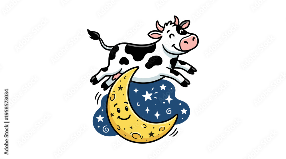 Fototapeta premium Cartoon cow jumping over a crescent moon in starry night sky