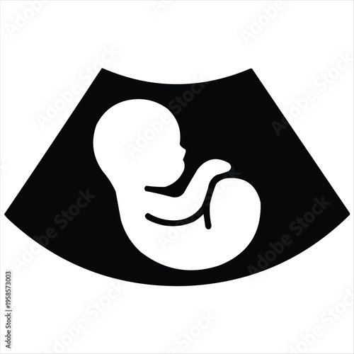 Pregnancy ultrasound icon showing fetus silhouette inside womb, medical imaging concept