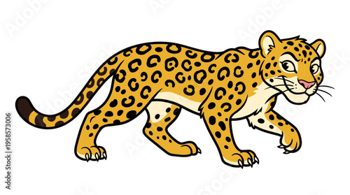Cartoon jaguar walking stealthily with a mischievous expression