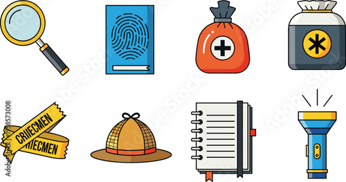 Flat Crime Investigation Icon Set Featuring Magnifier Fingerprint Evidence Bag Poison Bottle Tape Detective Hat Notebook and Flashlight for Forensic Design