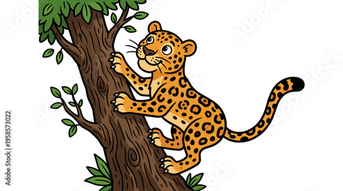 Cartoon leopard climbing a tree with leaves