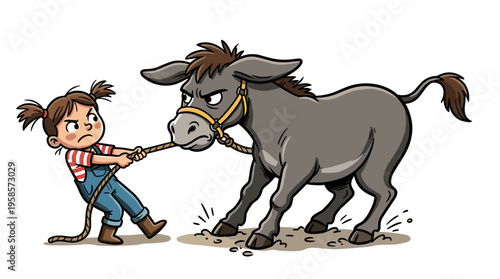 Child pulling stubborn donkey by rope in tug of war