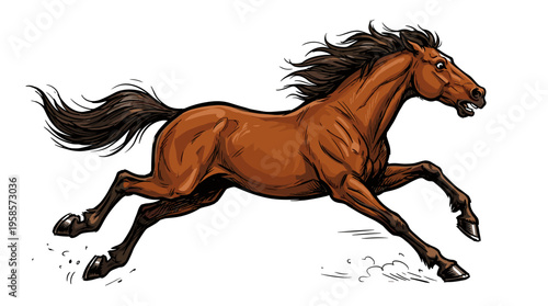 Brown horse in full gallop, dynamic cartoon illustration