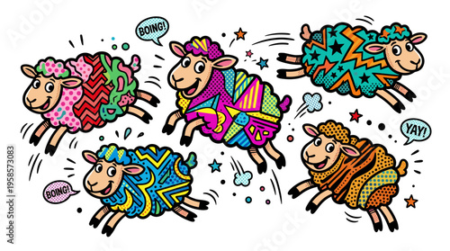 Five cartoon sheep with colorful pop art patterns jumping joyfully