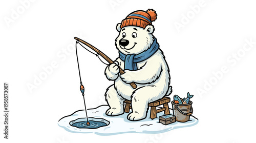 Cartoon polar bear ice fishing with caught fish in bucket