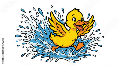 Cartoon duck running through splashing water