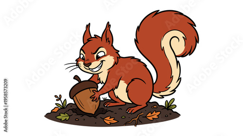 Cartoon squirrel burying acorn with mischievous expression