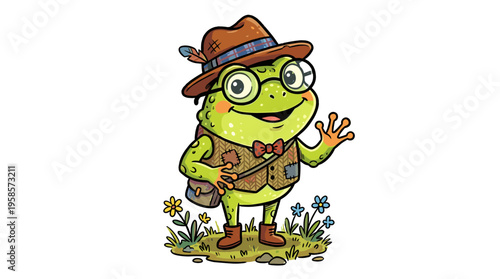 Whimsical cartoon frog wearing hat, glasses, and vest