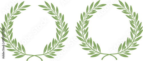 Two symmetrical green laurel wreaths side by side, symbolizing victory, honor, achievement, and success, isolated on white background for awards, design, and ceremonial concepts