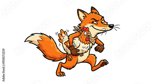 Cartoon fox running with a captured chicken