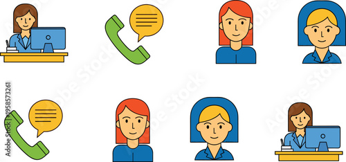 Flat Customer Support and Communication Icon Set Featuring Call Center Agents Phone Chat Conversation and User Avatars for Service and Help Desk Design