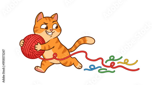Cartoon cat carrying a ball of red yarn with colorful strings