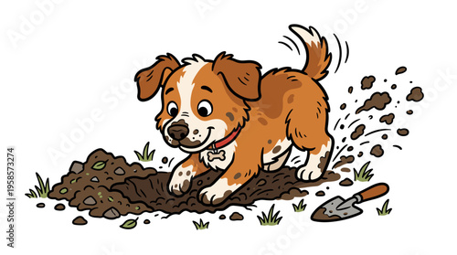Cartoon puppy enthusiastically digging a hole with a trowel