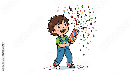 Happy cartoon child holding confetti popper with colorful explosion