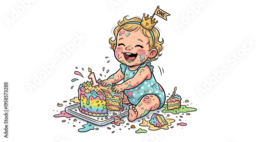 Happy toddler celebrating first birthday with cake smash