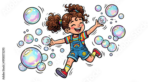 Cheerful cartoon girl playing with iridescent soap bubbles
