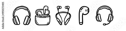 Headphones, Earbuds and Case Monochrome Icon Set. High quality stock illustration with clear subject focus, cohesive composition, and versatile commercial applicability across branding, editorial.
