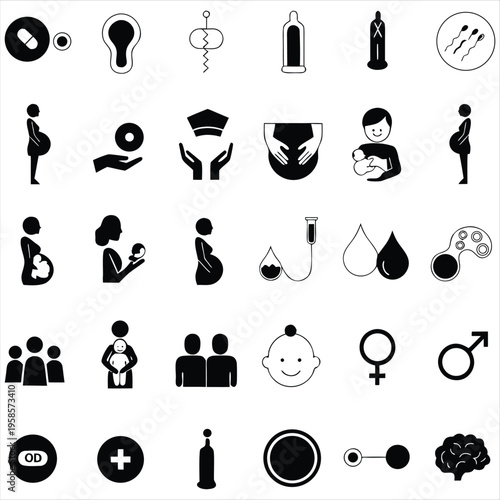 Reproductive health icons: pregnancy, family planning, contraception, fertility, sperm, egg, baby, male, female.