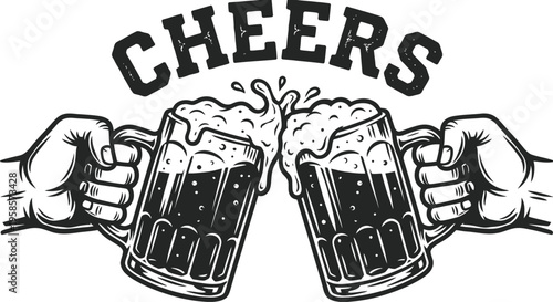 Black and white illustration of two hands holding beer mugs with cheers text