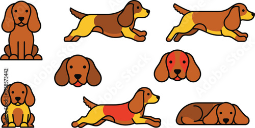 Flat Dachshund Dog Character Pose Set Featuring Sitting Running Lying and Jumping Positions with Cute Pet Illustrations for Animal and Pet Design