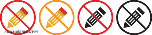 no Pencil icon. Writing tool prohibition symbols. No graphite pencil graphic design. Black and red prohibition signs with pencil and notebook on white background Keywords.Stationery restriction and 