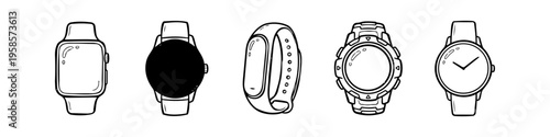Alternative band and screen collection in outline style. Distinct watch and smartwatch set in outline style. Watch, Smartwatch and Band Monochrome Icon Set. High quality stock illustration with clear.