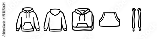 Hoodie, Drawstring and Pocket Monochrome Icon Set. High quality stock illustration with clear subject focus, cohesive composition, and versatile commercial applicability across branding, editorial.