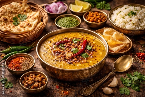 indian dal tadka yellow lentil curry with basmati rice naan bread traditional authentic vegetarian meal rustic wooden table spices
