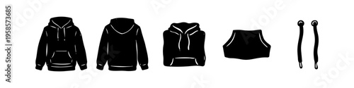 Distinct hoodie and front set in outline style. Hoodie, Front and Back Monochrome Icon Set. High quality stock illustration with clear subject focus, cohesive composition, and versatile commercial.