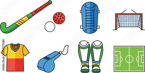 Flat Field Hockey Equipment Icon Set Featuring Stick Ball Goal Jersey Whistle Shin Guards Backpack and Field Elements for Sports Design