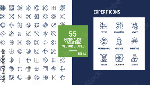 Minimal geometric shapes and expert icons collection with abstract symbols, knowledge, skills and professional concepts vector illustration set