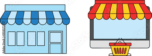 Set of Storefront Icons, Physical Shop and Online Store with Shopping Cart, for Retail and E-commerce Design