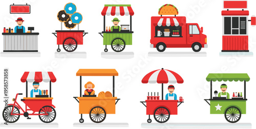 Set of Street Food Stalls, Carts, Trucks, and Vendors with Different Food Options for Mobile Food Business and Catering