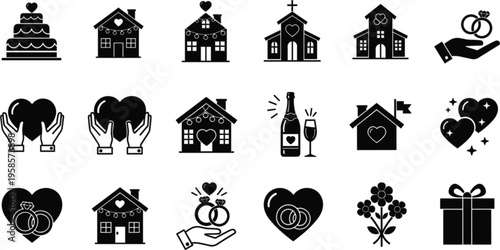 Set of Wedding and Celebration Icons, Cake, Heart, Rings, Church, Champagne, Flowers, and Gifts for Love and Marriage Themes