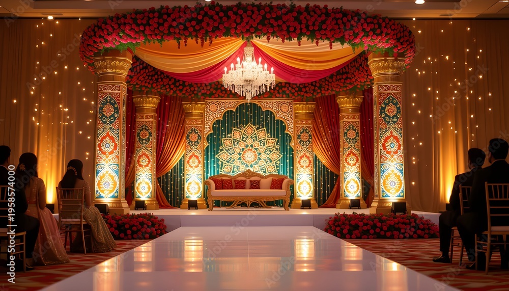 Obraz premium Punjabi indian wedding stage decoration with vibrant phulkari patterns