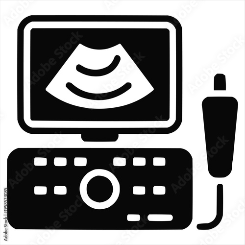 Minimalist ultrasound machine icon, vector graphic of medical diagnostic device with screen and probe.