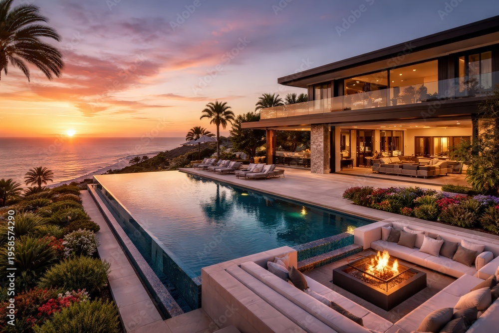 Fototapeta premium luxury modern villa mansion ocean view sunset infinity pool fire pit outdoor lounge coastal real estate expensive premium home architecture