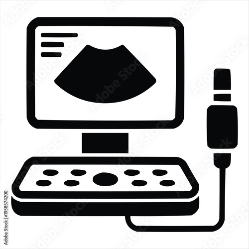 Minimalist black vector icon of an ultrasound machine with a screen displaying a scan.