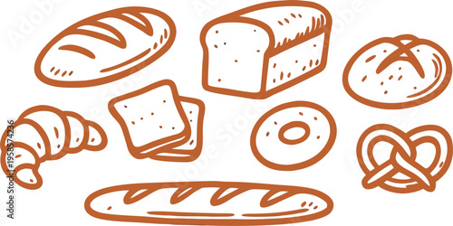 Hand-drawn brown bread and pasta set with wheat flour illustrations for food and bakery concepts