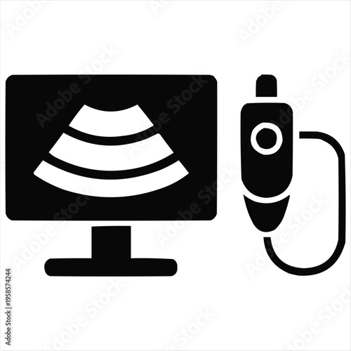 Simple black vector icon representing an ultrasound device with a monitor and probe.