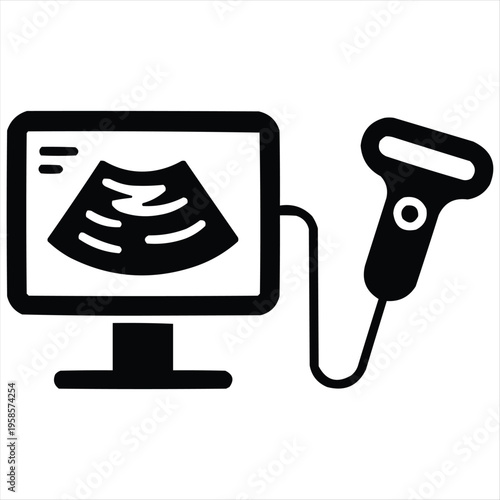 Vector illustration of an ultrasound machine with a probe and monitor showing a scan.