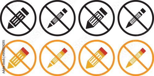no Pencil icon. Writing tool prohibition symbols. No graphite pencil graphic design. Black and red prohibition signs with pencil and notebook on white background Keywords.Stationery restriction and 