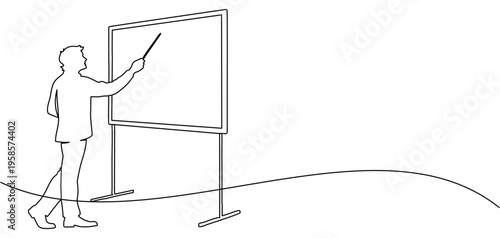 Vector line art style illustration of a teacher teaching with a blackboard