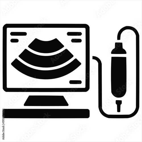 Black and white vector graphic of an ultrasound machine, probe, and monitor displaying a scan.
